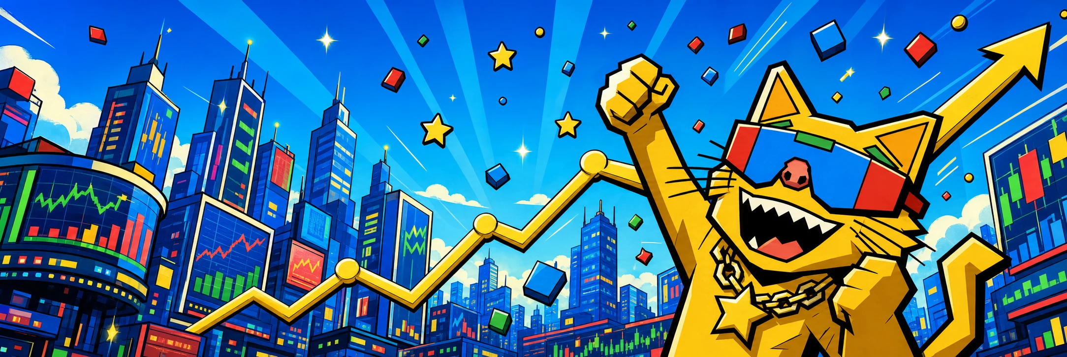 Golden market cat celebrating in a colorful financial city